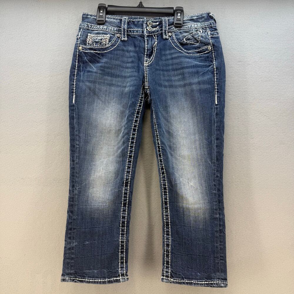 Vigoss Jeans Women's 3/4x21 Blue The Chelsea Capri Embellished Rose Gold Pocket